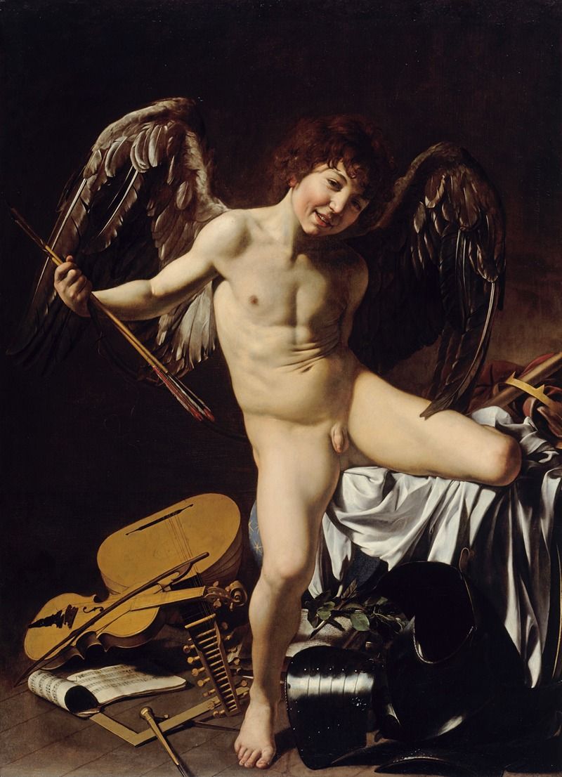 Cupid stands triumphantly in Amor Vincit Omnia, oil on canvas by Caravaggio