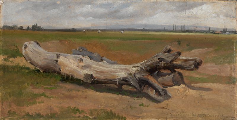 Baumstämme an der Ziegelhütte de Eugen Bracht, óleo sobre tela que retrata troncos desgastados na luz dourada.