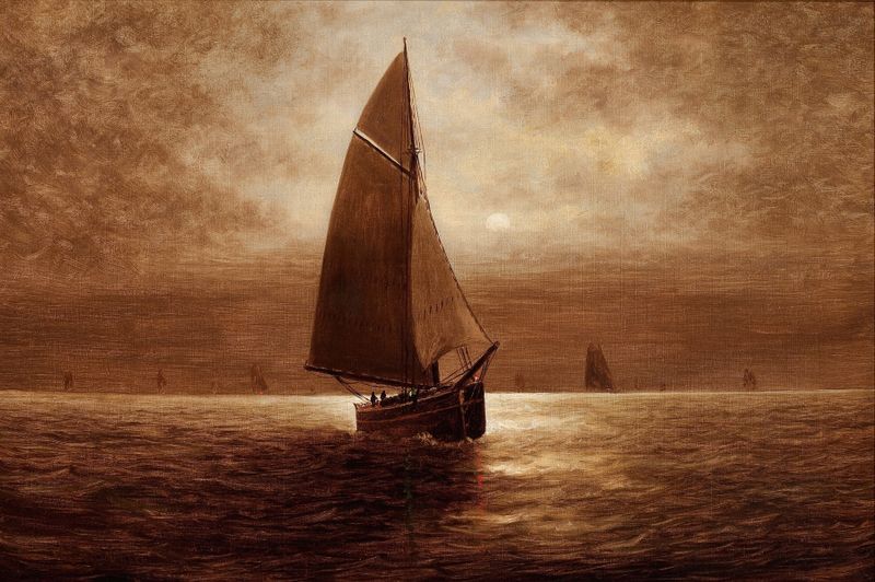 Navegando de Noche, óleo sobre lienzo de Elbridge Wesley Webber, con un velero en un mar tranquilo de noche.