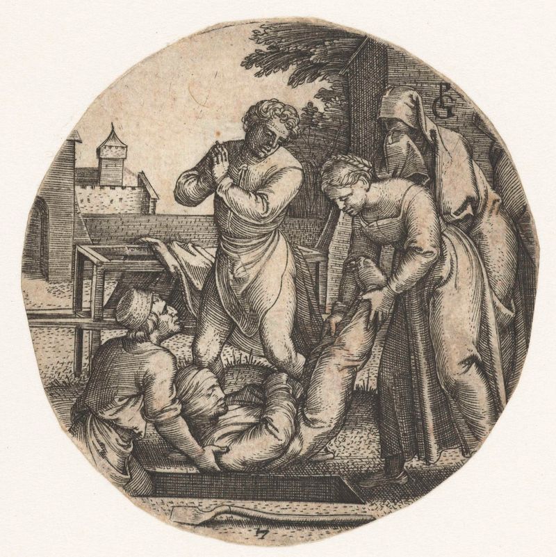 Grabado de Georg Pencz que muestra a dos figuras vestidas de negro en un sitio de entierro.
