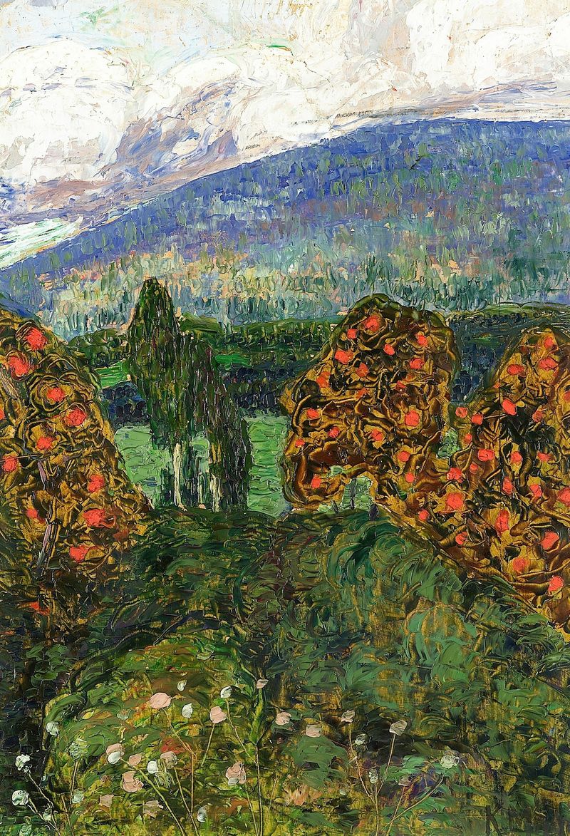 Norra maastik de Konrad Mägi, óleo sobre lienzo que representa un paisaje vibrante con colinas onduladas.