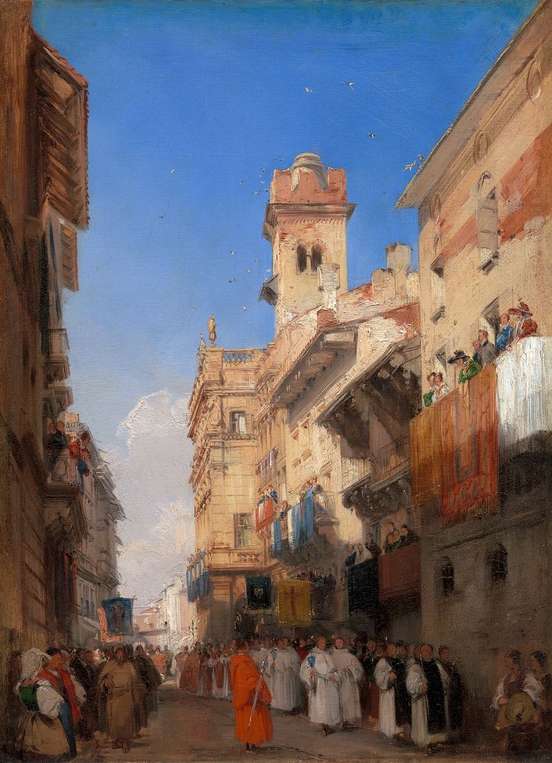 Corso Sant’Anastasia, Verona de Richard Parkes Bonington, óleo sobre tela retratando uma cena de rua animada.