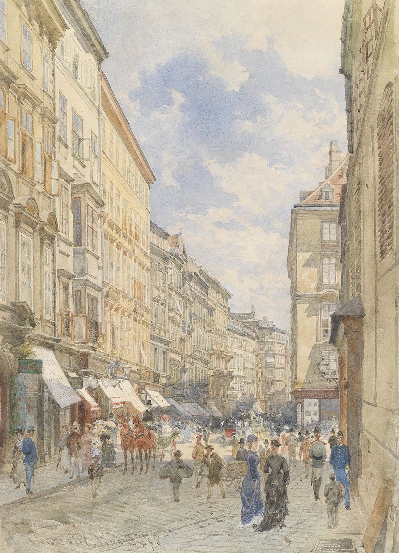 Weihburggasse de Franz Alt, óleo sobre tela mostrando arquitetura tranquila e suaves tons pastel.