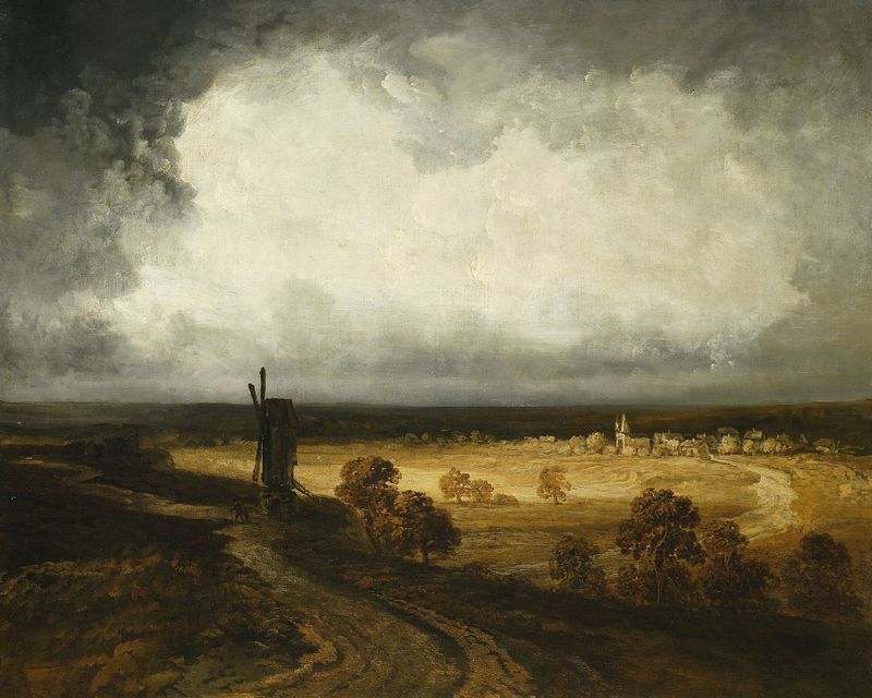 Windmills at Montmartre by Georges Michel, oil painting depicting silhouettes against a sunset.
