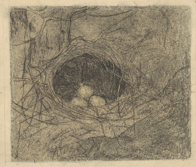 Nestje met drie eieren by Jan Mankes, oil on panel, features three eggs nestled in a natural nest.