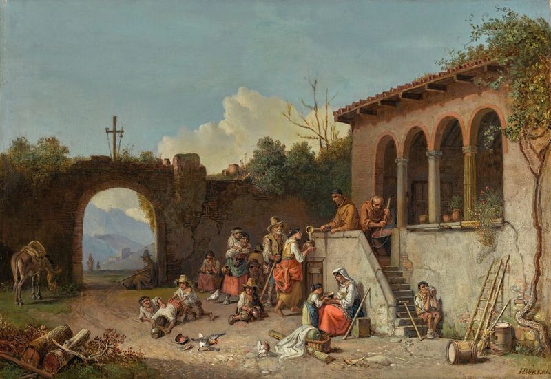 Soup Kitchen In The Monastery de Heinrich Bürkel, óleo sobre lienzo que muestra una cálida escena de cocina.