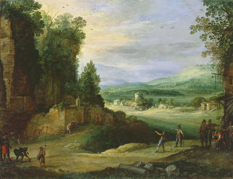 Landscape with men playing Mail à la Chicane, oil on canvas by Paul Bril