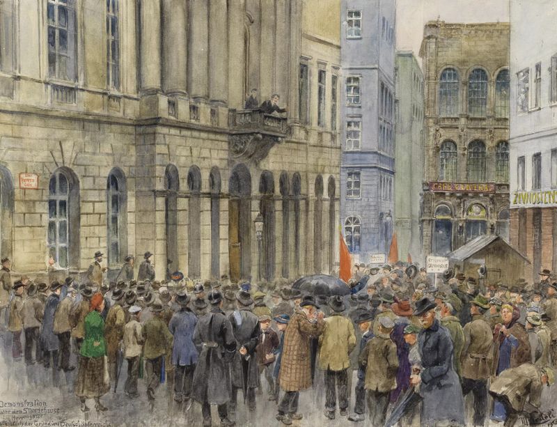 Historical scene of a crowd gathered during a demonstration, oil on canvas by Moritz Ledeli