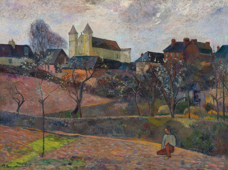 Vue de Rouen de Paul Gauguin, óleo sobre lienzo que muestra colinas y una ciudad bajo un cielo luminoso.