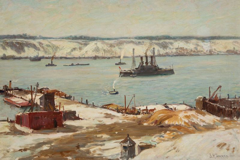 Hudson River and Warships de Joseph Henry Sharp, pintura al óleo que muestra buques de guerra en un río vibrante.