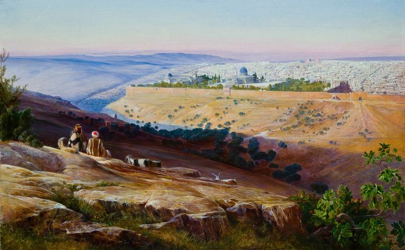 Paisagem representando Jerusalém ao amanhecer, óleo de Edward Lear