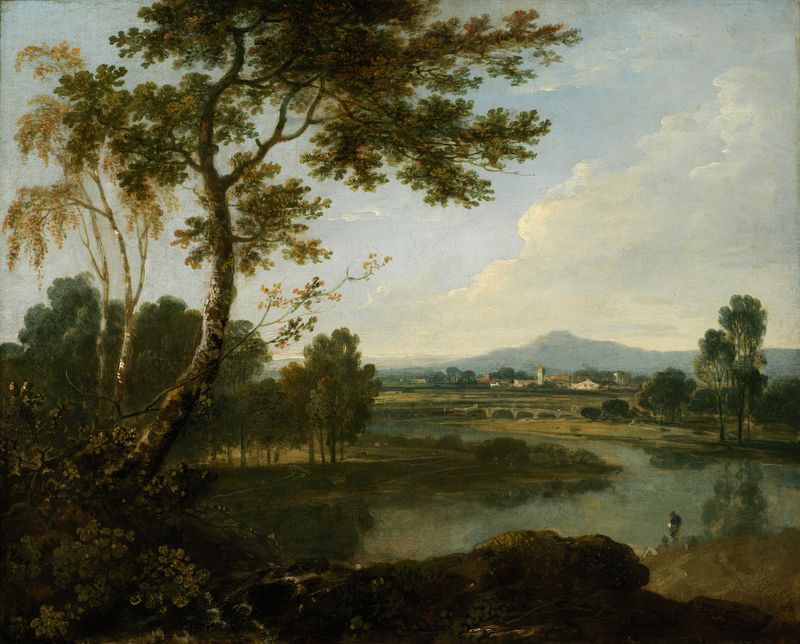 Landscape In Italy by Richard Wilson, oil on canvas depicting hills and a blue sky