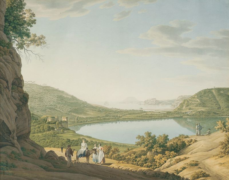 Lake Averno by Giovanni Battista Lusieri, oil on canvas depicting a tranquil landscape with trees and water.