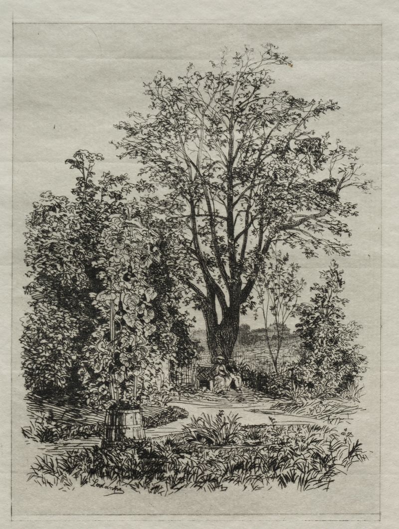 Pintura a óleo de Maxime Lalanne mostrando um jardim com flores e uma figura à luz do sol.