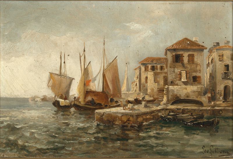 Fishermen in the Harbour of Volosco, oil painting by Leontine von Littrow depicting fishermen and boats.