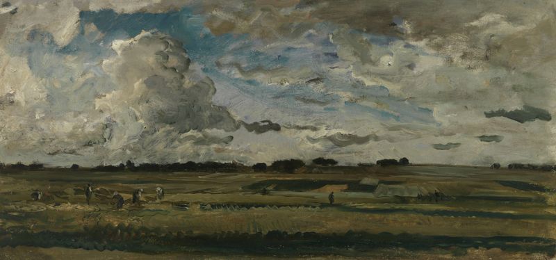 Paysage aux Moissonneurs, óleo sobre lienzo de Charles François Daubigny que representa la cosecha en los campos.