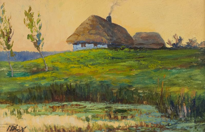 Landscape with huts on a hill by Wacław Wąsowicz, realism, depicting earthy huts on a dry hill