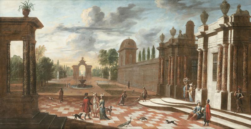 Architectural view with figures, oil on canvas by Jacob Ferdinand Saeys