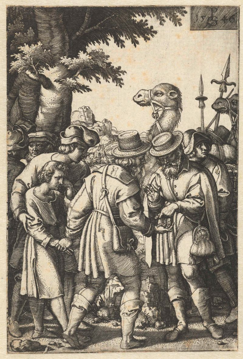 Engraving by Georg Pencz showing Joseph sold to merchants on the way to Egypt