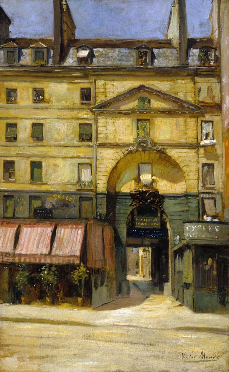 L’entrée de la cour du Dragon by Victor Marec, oil on canvas depicting a detailed courtyard with shadows.