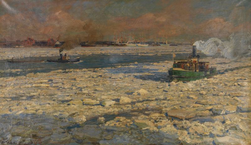 Grüner Fährdampfer im Eis auf der Elbe. ‘Wintersonne’ de Friedrich Kallmorgen, pintura a óleo