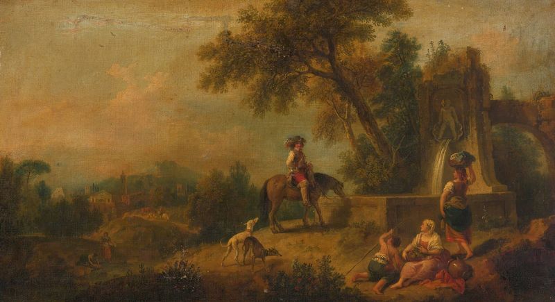 Rococo landscape with peasants, fountain, and rider by Francesco Zuccarelli