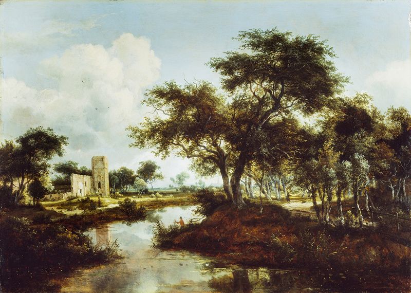 A Ruin on the Bank of a River de Meindert Hobbema, óleo sobre tela, retratando uma estrutura em ruínas cercada por vegetação.