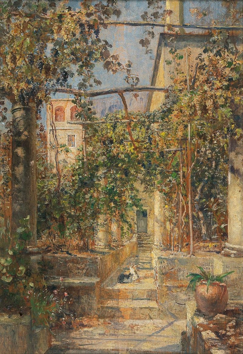 Pintura al óleo de paisaje de Marie Egner que muestra una villa rodeada de vegetación y luz moteada.