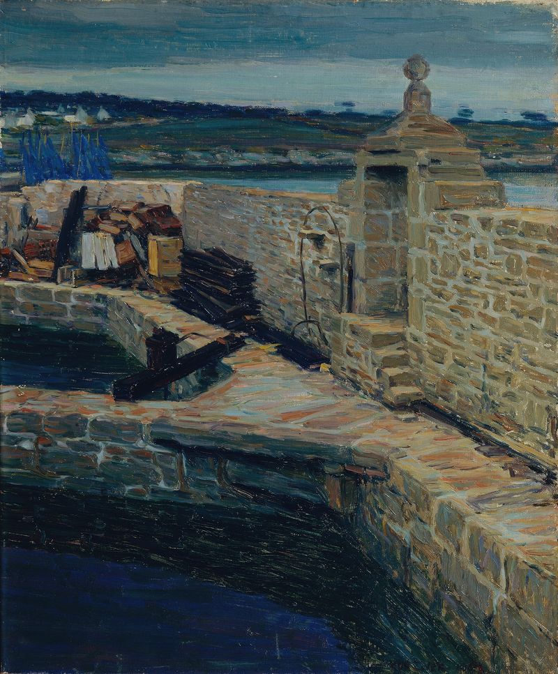 Pintura al óleo de Max Kurzweil que representa un paisaje sereno con agua y vegetación