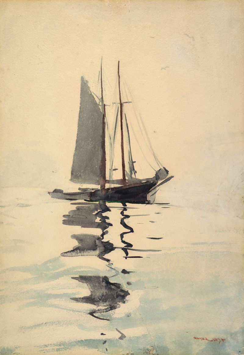 Schooner de dos mástiles con dory en el mar, pintura al óleo de Winslow Homer