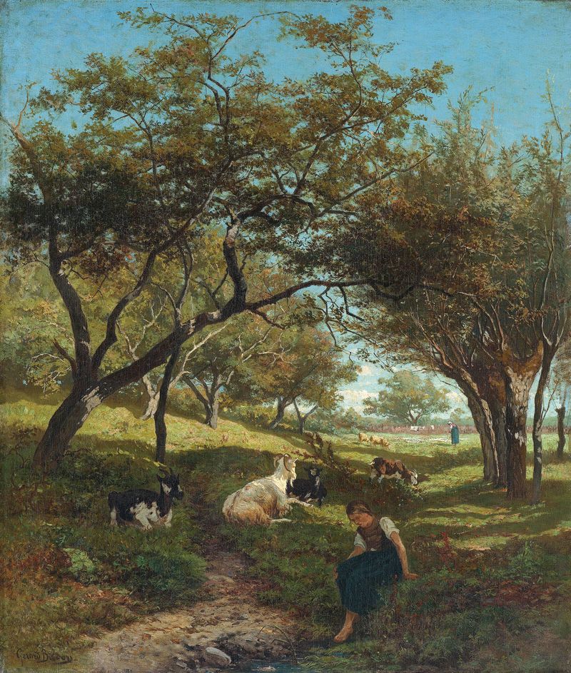 Pintura figurativa a óleo de Gerard Bilders mostrando uma goatherdess com um jovem cabrito.