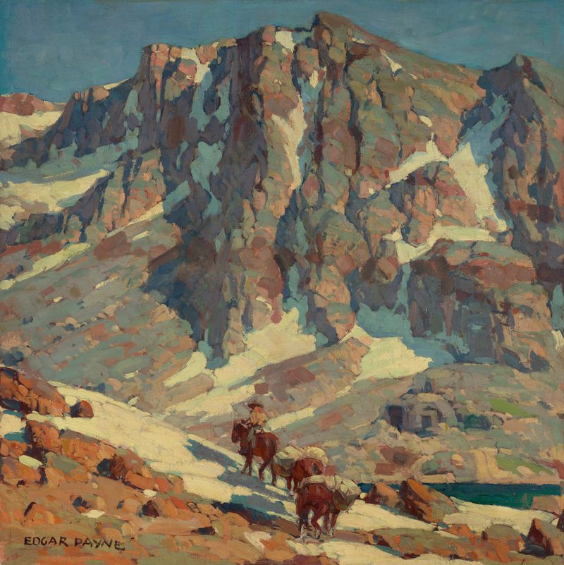 High Sierra Pack Trip, oil on canvas by Edgar Alwin Payne, depicting serene mountains and forest.