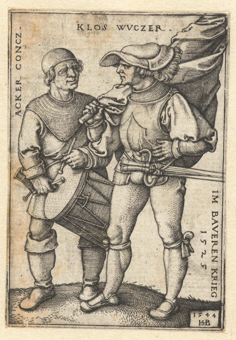 Gravura de Hans Sebald Beham mostrando um porta-estandarte e um tambor em uma paisagem histórica
