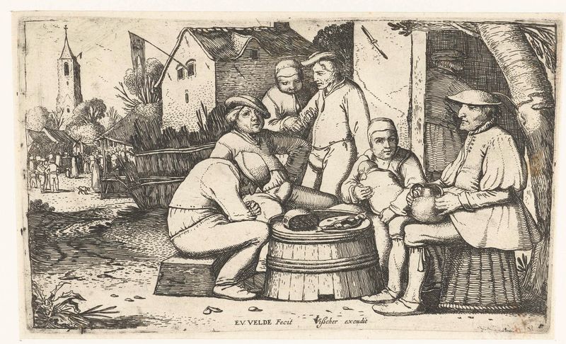 Gravura de Esaias van de Velde mostrando camponeses ao redor de um barril