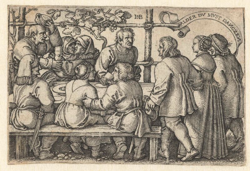 Engraving by Hans Sebald Beham depicting a genre scene of a feast with figures in golden light.