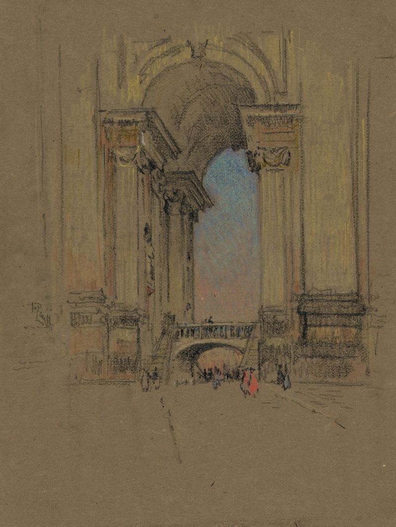 Entrada al Vaticano de Joseph Pennell, grabado, con arcos intrincados y luz sobre piedra.