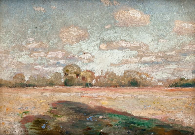Landscape de Jan Stanisławski, óleo sobre tela mostrando colinas suaves e um céu azul suave.