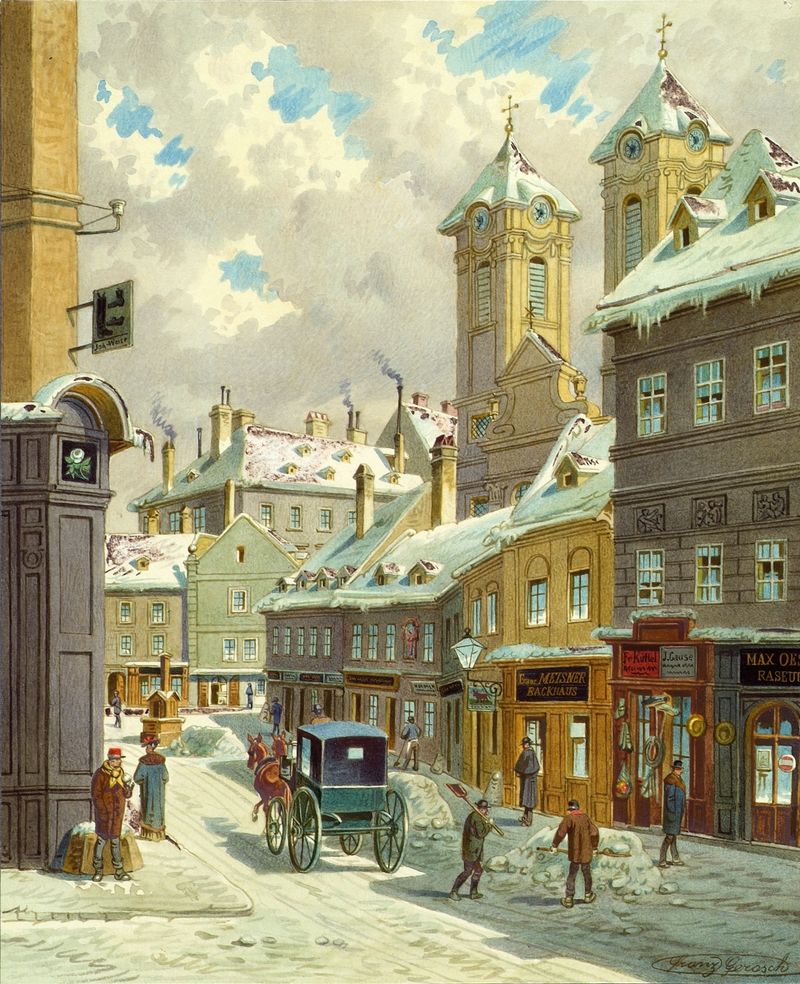 Die Neustiftgasse in Wien mit der Ulrichskirche, oil on canvas by Franz Gerasch