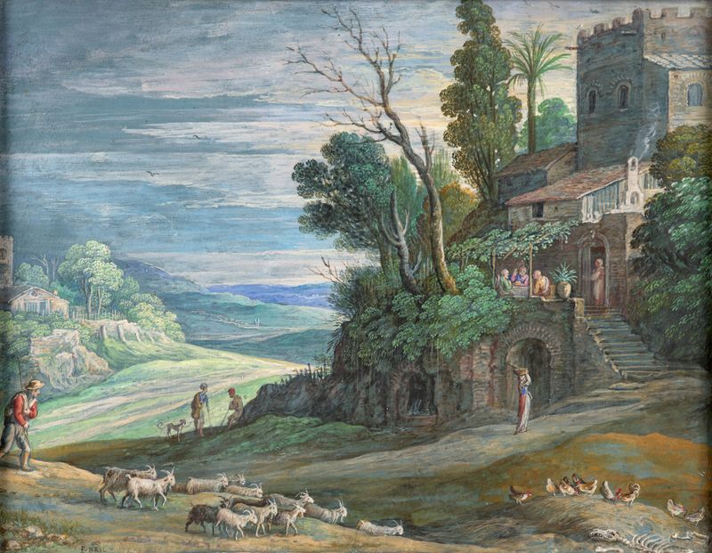 A Ceia em Emaús de Paul Bril, óleo sobre tela, mostrando um momento de revelação em um ambiente pouco iluminado.