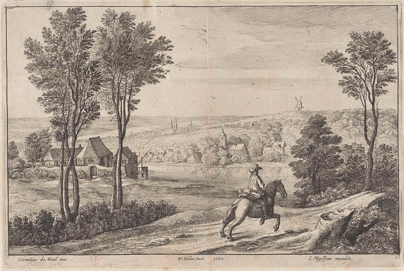 Grabado de Wenceslaus Hollar que muestra un jinete en un paisaje.