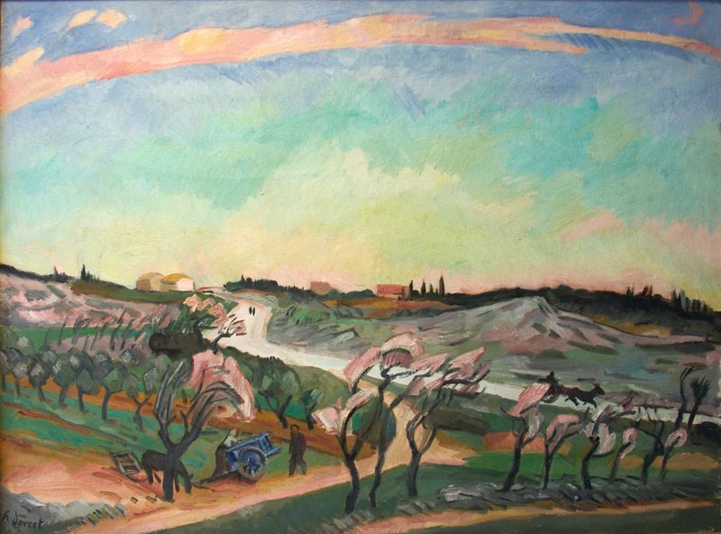 Pintura a óleo de paisagem de Henri Doucet com luz quente texturizada