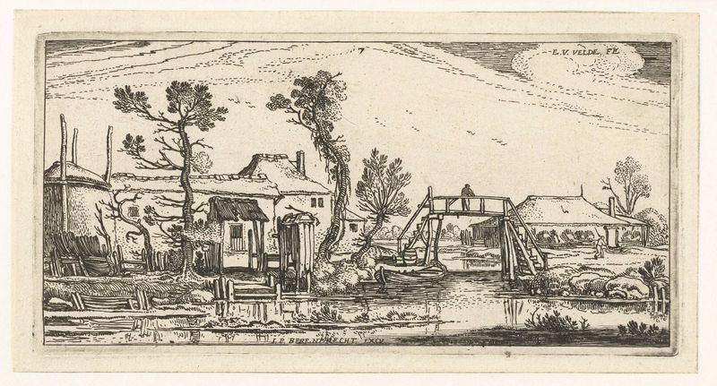 Grabado de Esaias van de Velde que muestra una granja junto a un canal con luz dorada