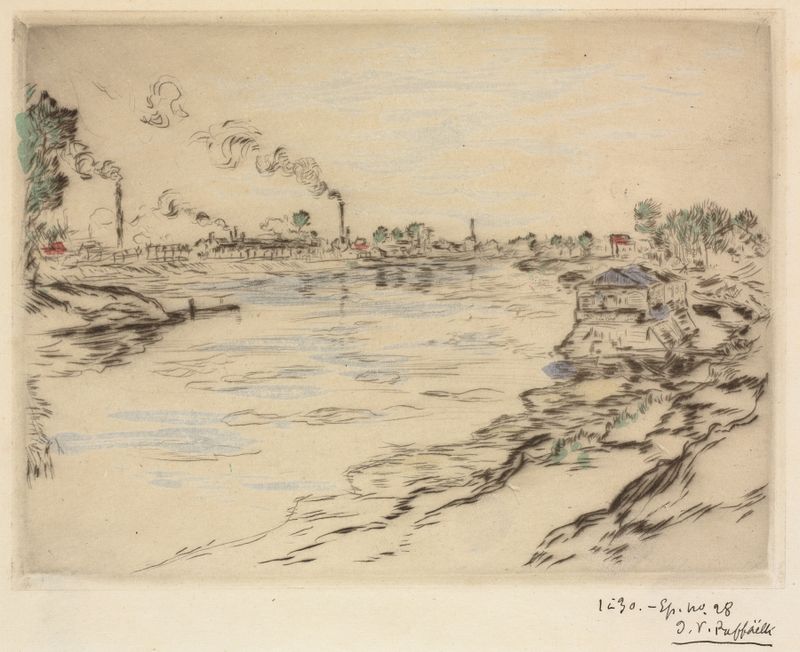 La Seine, à Asnières de Jean François Raffaëlli, óleo sobre lienzo que muestra barcos en agua brillante.