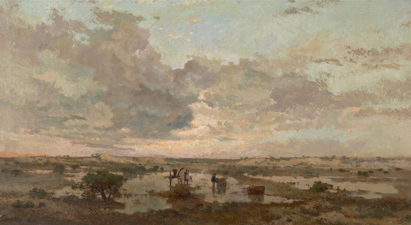 Sunset on the Heath de Adrien-Joseph Heymans, óleo sobre tela que retrata um vibrante pôr do sol.