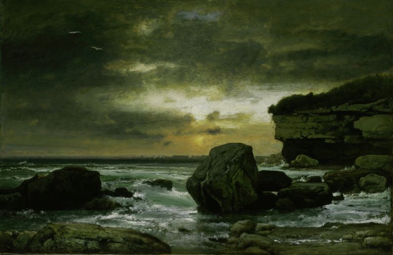 A Marine de George Inness, óleo sobre tela que retrata um sereno pôr do sol sobre a água.