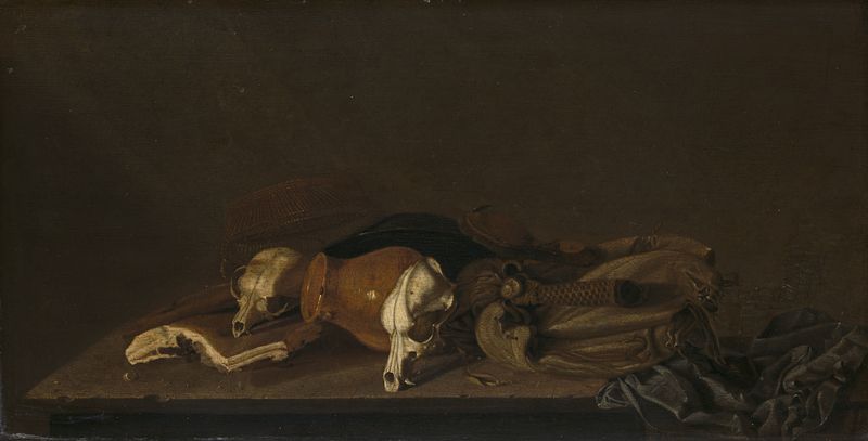 Naturaleza muerta con cráneos de lechones, óleo sobre panel de artista desconocido