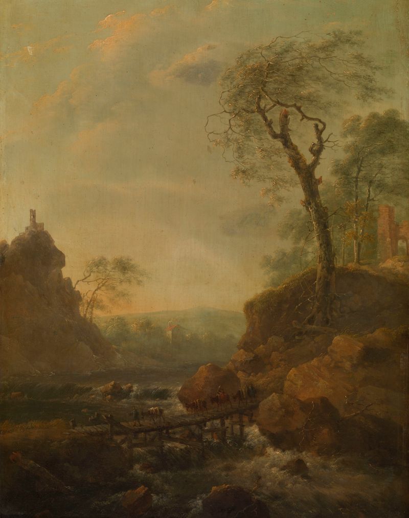 Landscape by Adam Pynacker, oil on canvas showing a serene horizon with sunlight and nature.