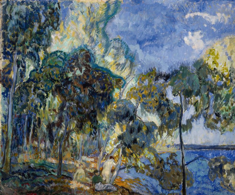 Lago tranquilo reflejando el cielo de Yrjö Ollila, pintura al óleo