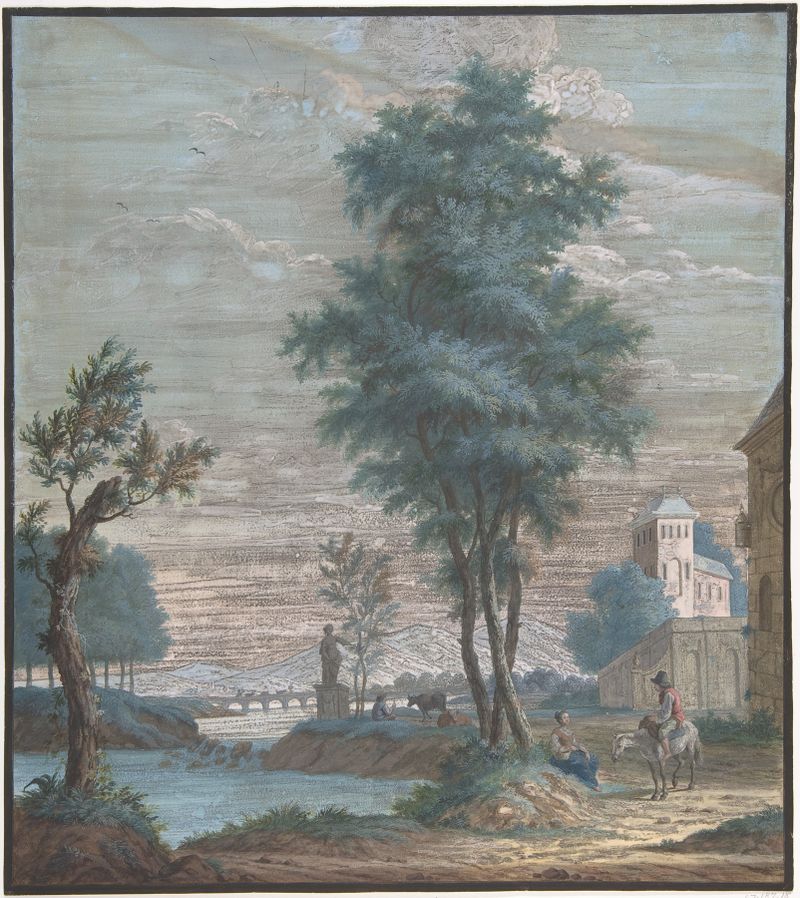 Paisaje de la Edad de Oro holandesa por Pieter de Groot, óleo que presenta colinas y agua