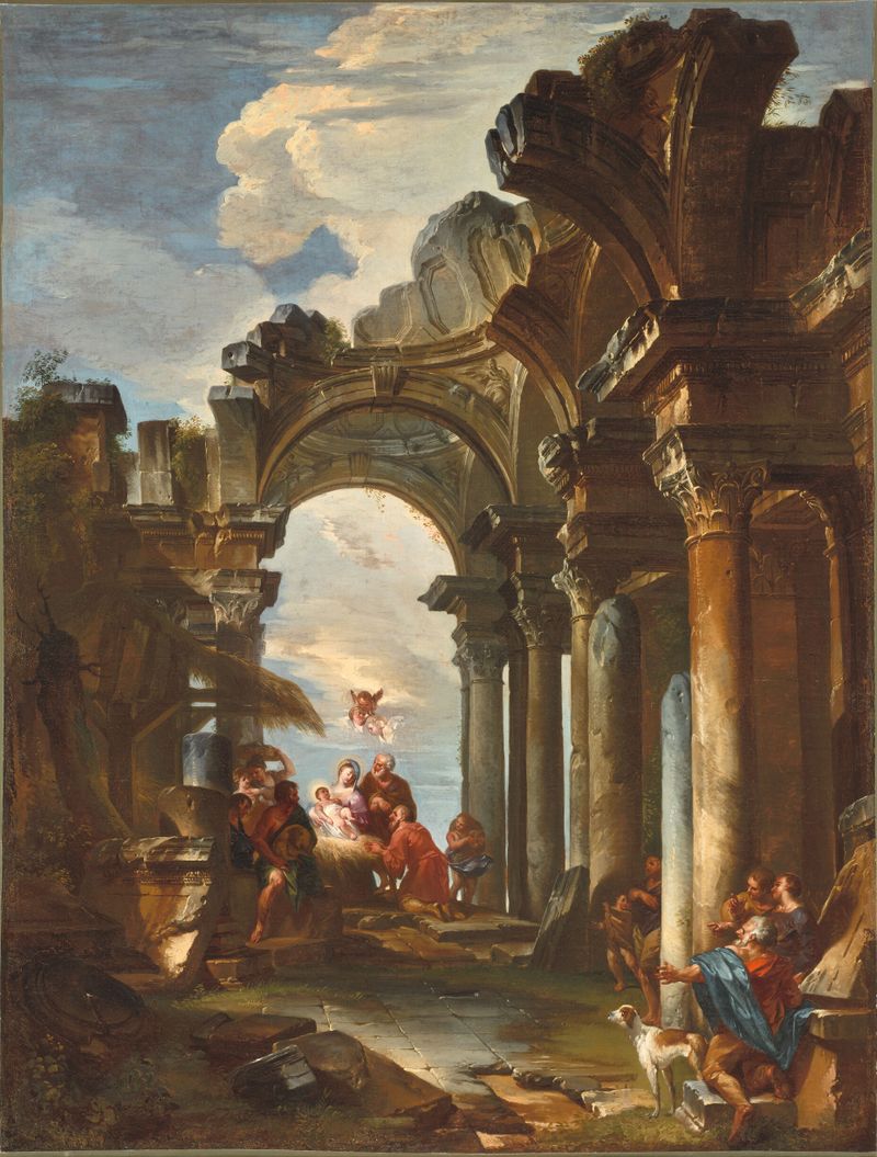 Adoración de los Pastores, óleo sobre lienzo de Giovanni Paolo Panini, con pastores en un establo con un recién nacido.